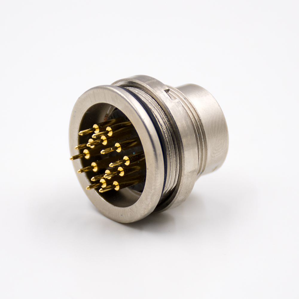 37-1 M16穿墻端插座A扣12芯公頭直式前鎖板接PCB板傳感器連接器