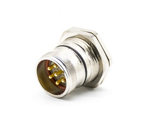 工業(yè)插座M23 6芯針公插座直式面板安裝前鎖板帶屏蔽接線焊線