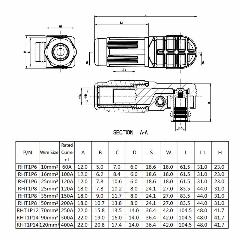 RHT-1P-6R-C10-R&RHT-1S-6B-BL-L_3 單芯大電流連接器彎式插頭和插座6mm紅色I(xiàn)P65 60A帶孔銅牌